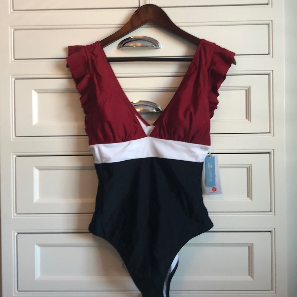 Black red and white swimsuit